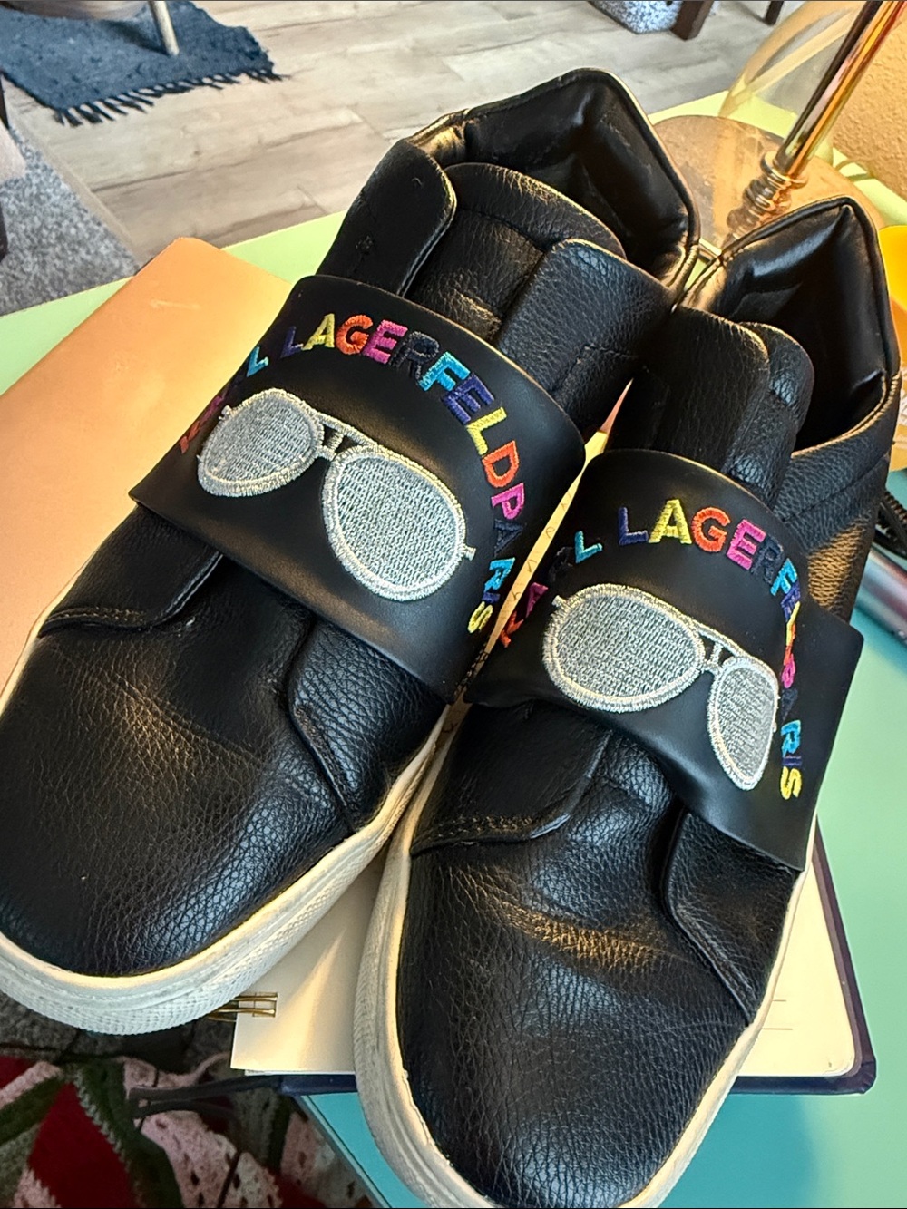 Karl Lagerfeld womens Black Leather Slip-On Sneakers Rainbow Logo shoes Designer
